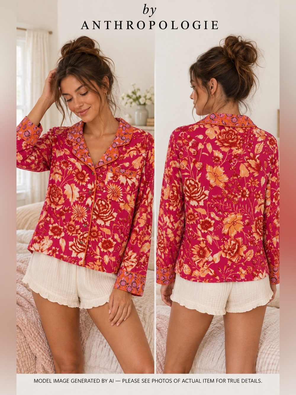 Anthropologie Floral Pajama Top Small Lounge Button Up Boho Cottagecore Feminine